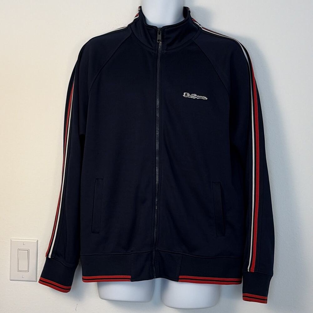 Ben Sherman Men's L Navy Knit Full-Zip Track Jacket Red/White Stripes Pockets